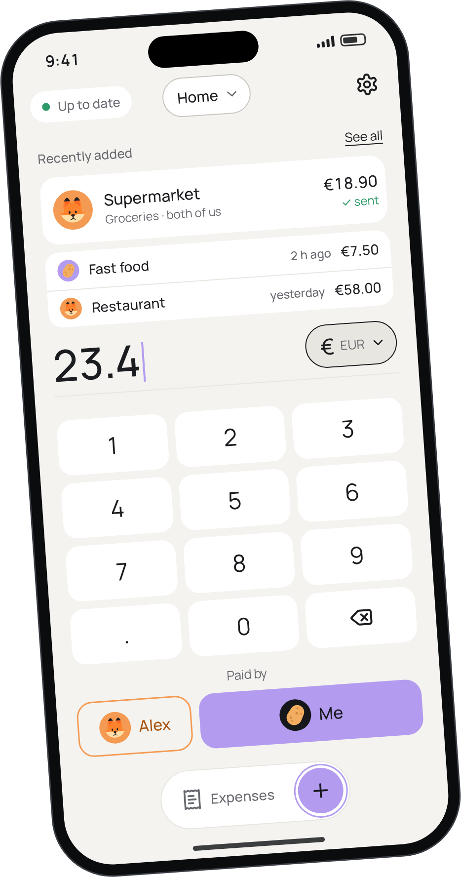 Twocount's Add screen: the keypad opens straight on the amount