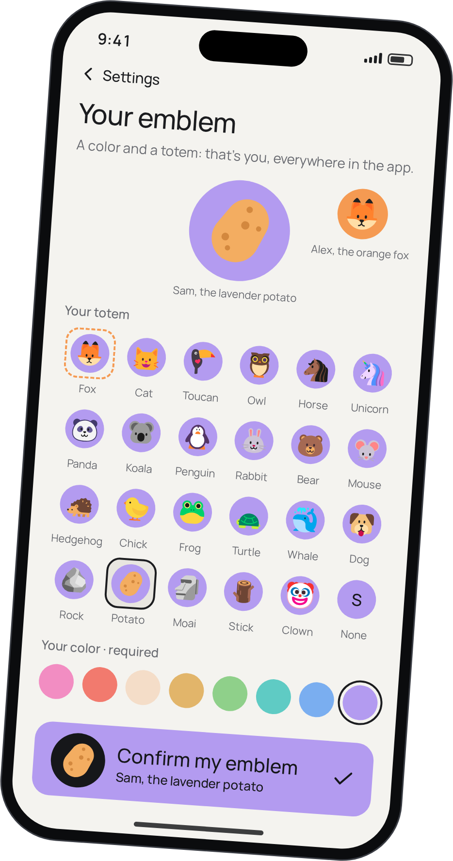 The emblem picker: potato, moai, clown, toucan