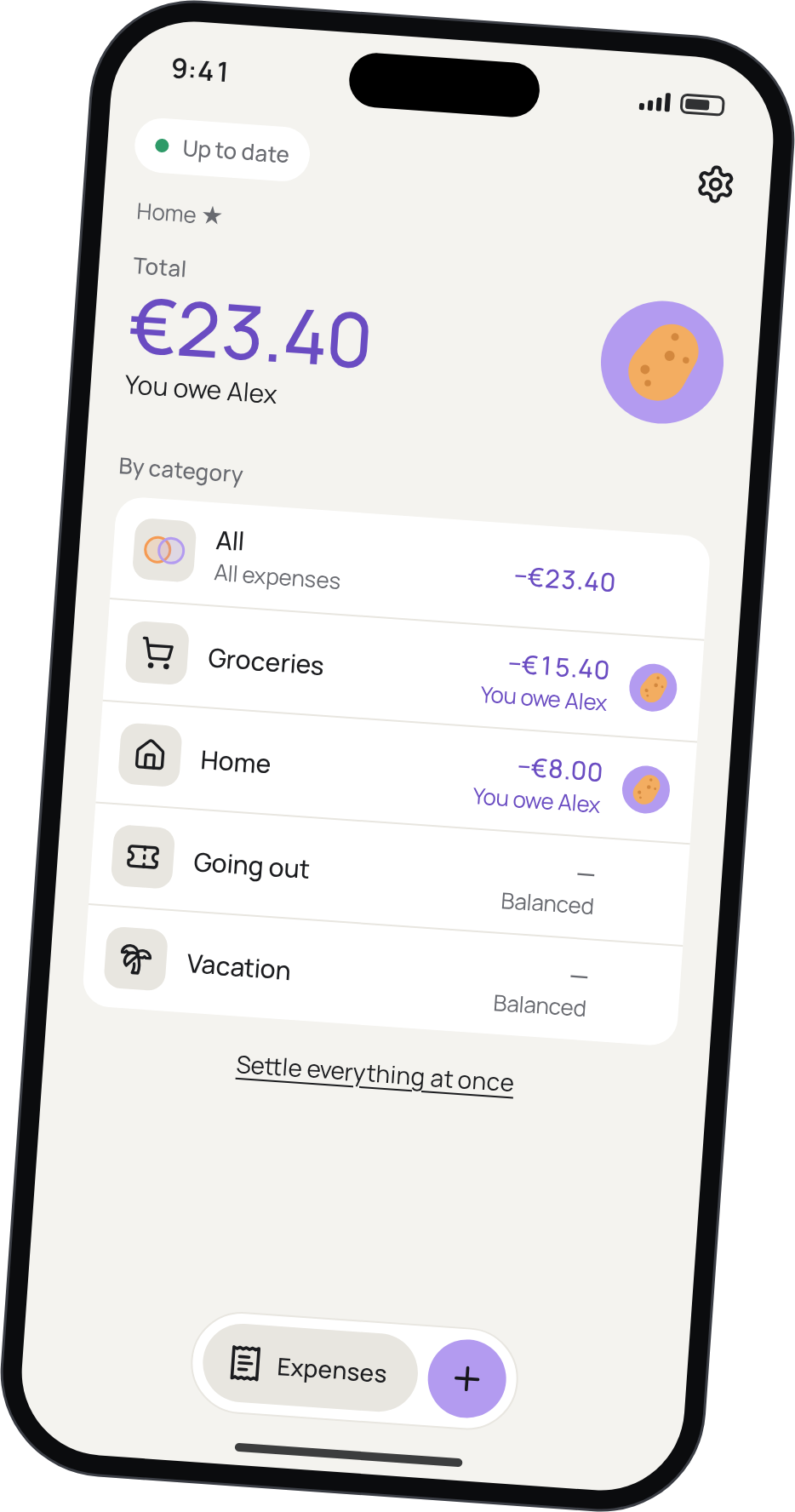 Twocount's home screen: You owe Alex €23.40, split by category