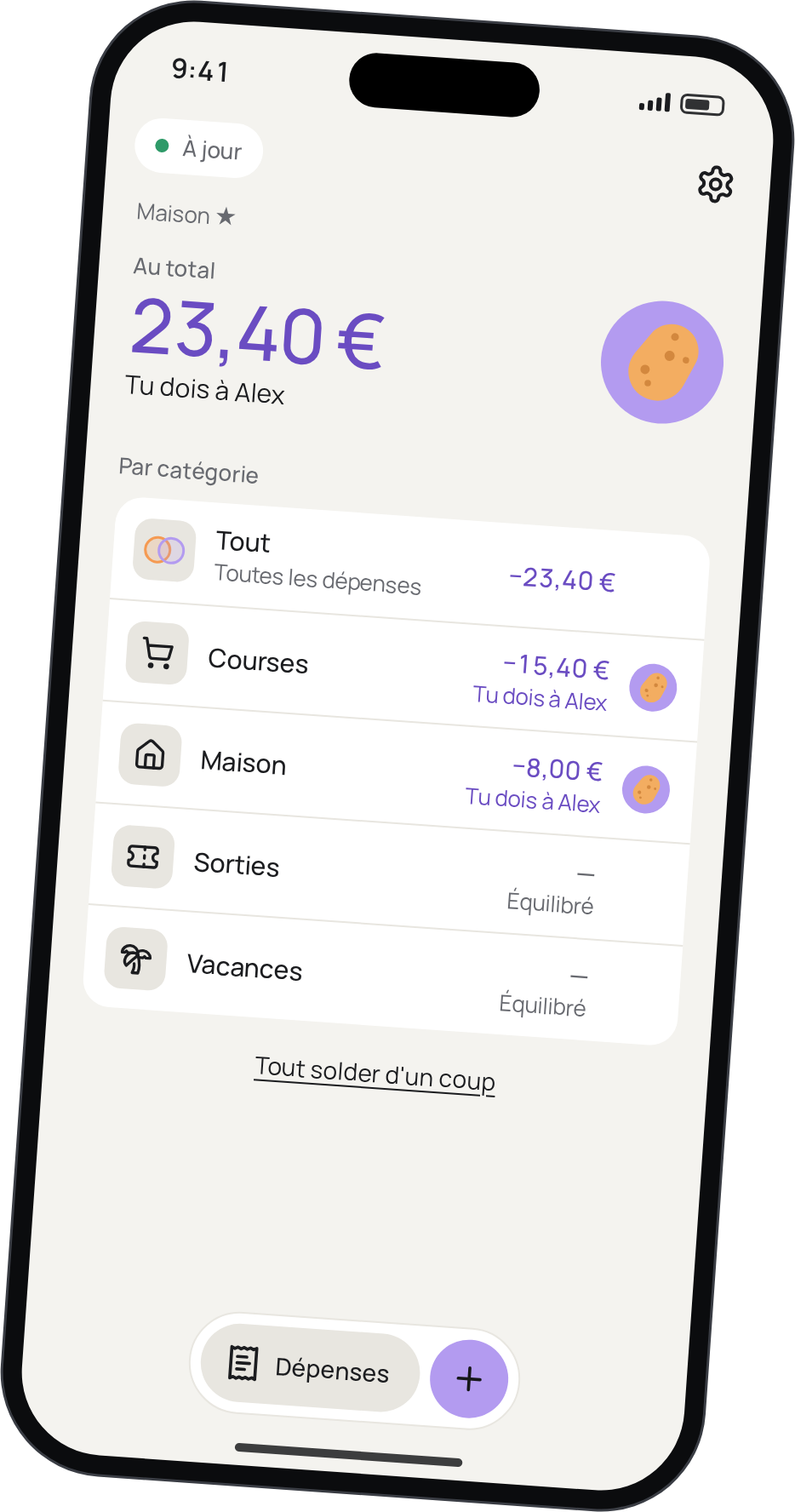 L'accueil de Twocount : Tu dois 23,40 € à Alex, réparti par catégorie